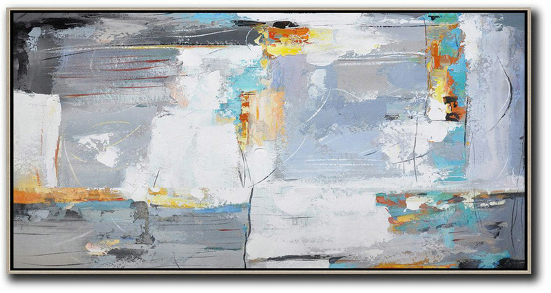 Large Abstract Art Handmade Painting,Horizontal Palette Knife Contemporary Art,Giant Wall Decor,White,Grey,Yellow.etc